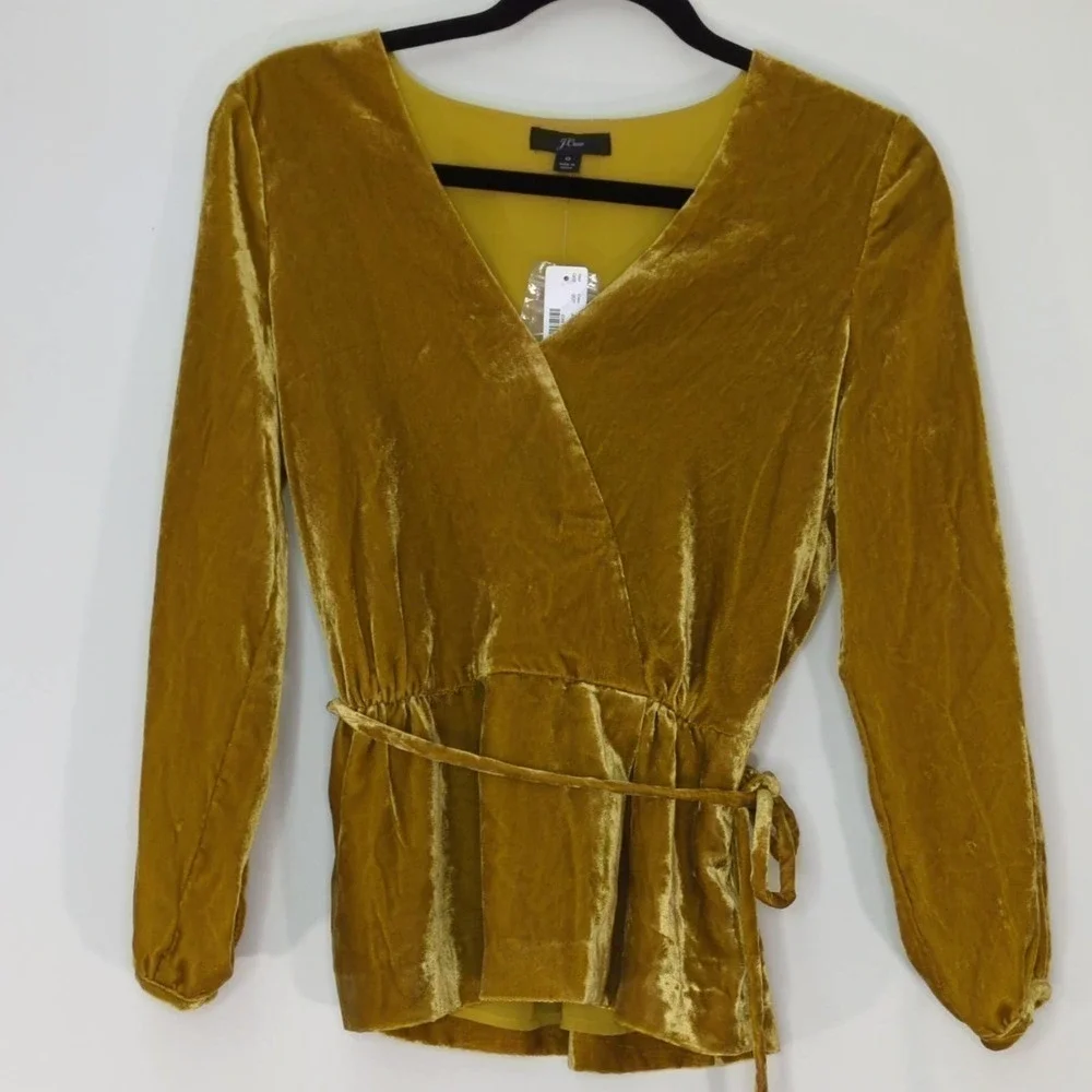 J.Crew Faux-Wrap Blouse Top‎ Drapey Velvet Waist Tie Balloon Sleeve Yellow 0